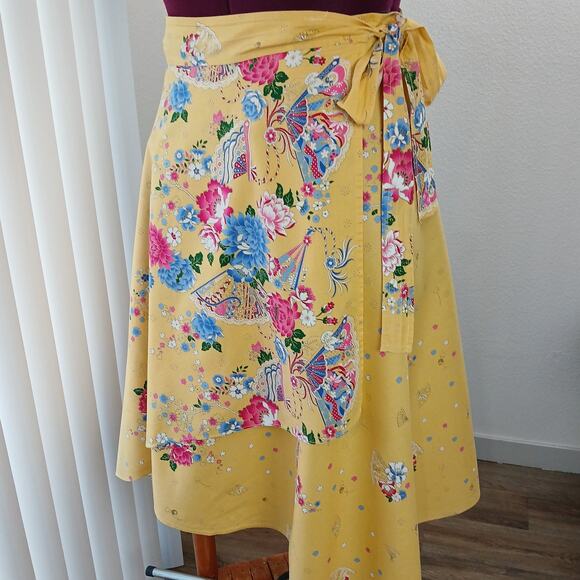 Dresses & Skirts - Yellow Floral Maxi Wrap Skirt Plus size OSFM cotton A-line circle Thailand